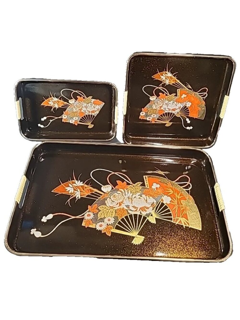 New Vintage Set Of 3 Serving Trays Lacquerware Japan Decor Fan Floral Hand